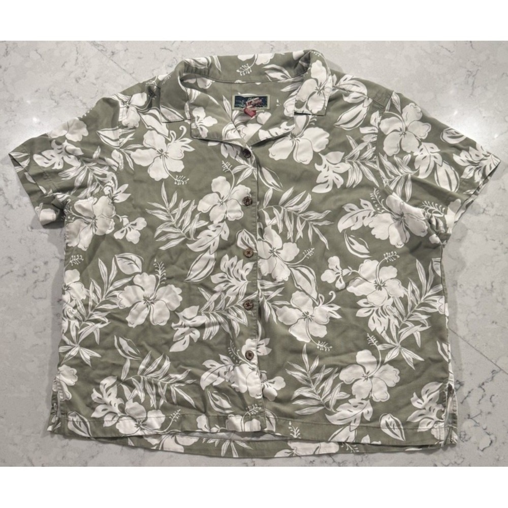 VTG La Cabana Shirt Womens 2X Sage Green Hibiscus Floral Rayon Hawaiian Blouse